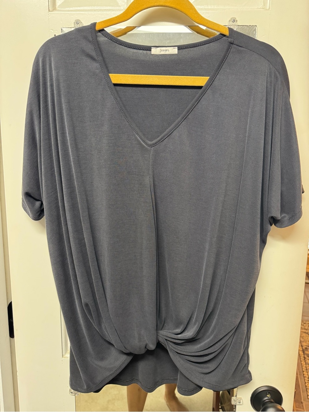 JODIFL Slate Gray V-Neck Knot-Front Short Sleeve Tee